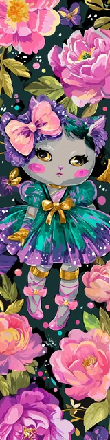 Free kawaii cats bookmark featuring a cat in a turquoise dress with pink shoes